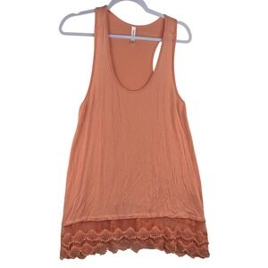 Emerald Womens Peach Racerback Tank Top Crochet Lace Hem Medium USA Made